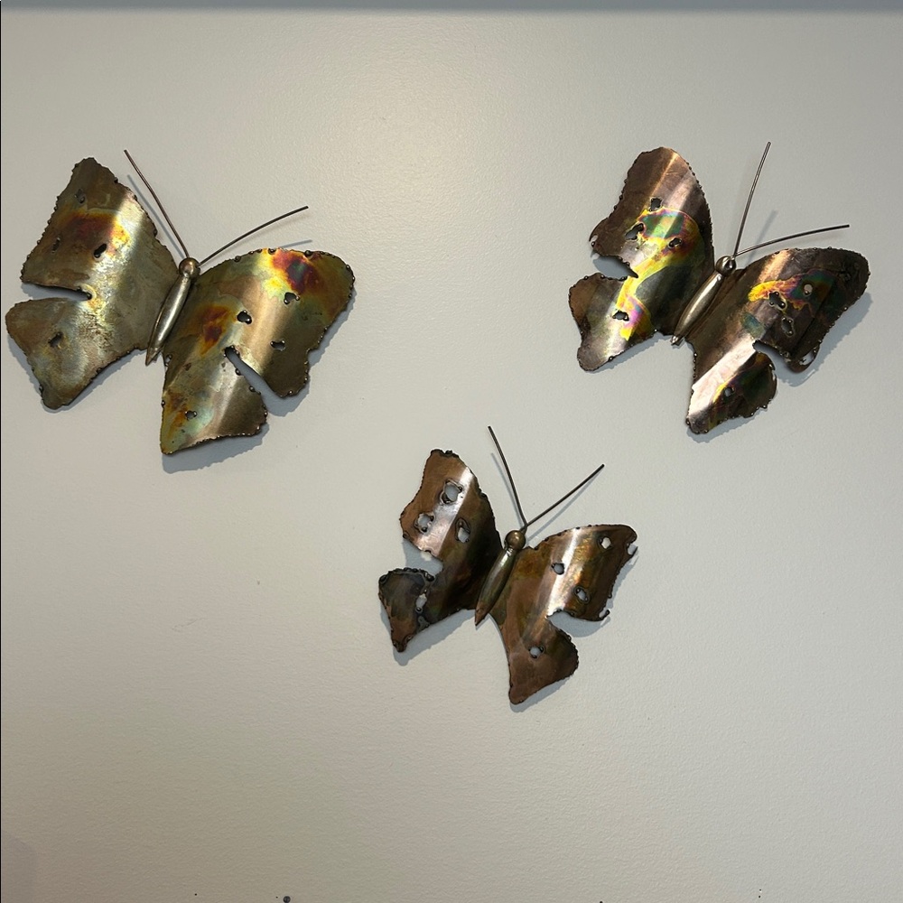 Vintage ?Brass Butterfly Wall Art Set of 3 Torch‎ Cut Metal Mid Century READ